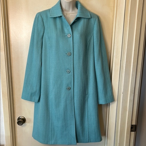 Sigrid Olsen Teal Wool Herringbone Coat with Structured Collar size L - Picture 1 of 12